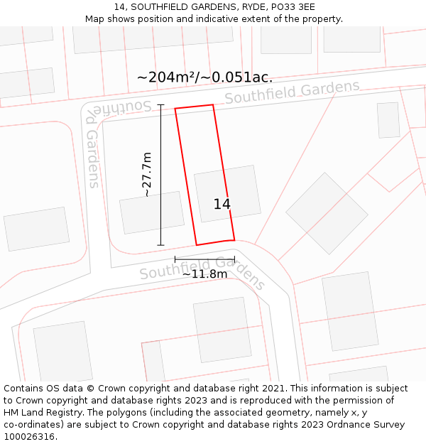14, SOUTHFIELD GARDENS, RYDE, PO33 3EE: Plot and title map