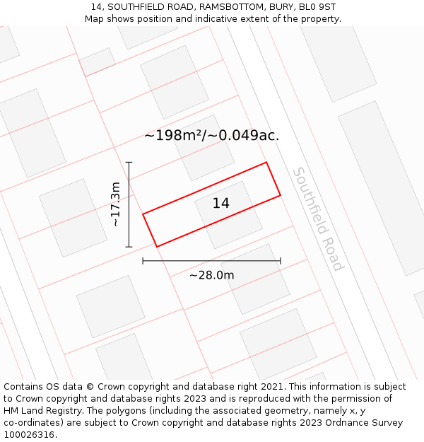 14, SOUTHFIELD ROAD, RAMSBOTTOM, BURY, BL0 9ST: Plot and title map
