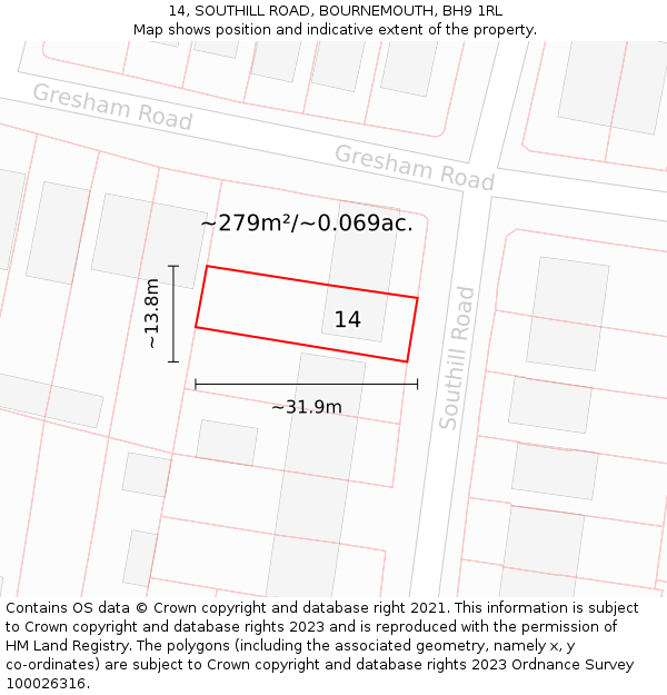 14, SOUTHILL ROAD, BOURNEMOUTH, BH9 1RL: Plot and title map