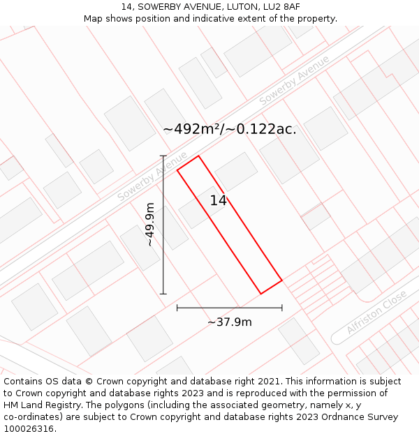 14, SOWERBY AVENUE, LUTON, LU2 8AF: Plot and title map