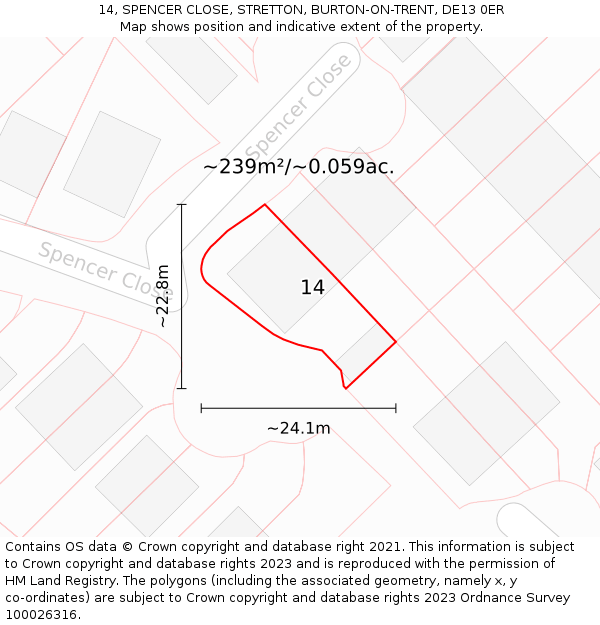 14, SPENCER CLOSE, STRETTON, BURTON-ON-TRENT, DE13 0ER: Plot and title map