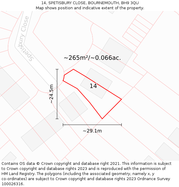 14, SPETISBURY CLOSE, BOURNEMOUTH, BH9 3QU: Plot and title map