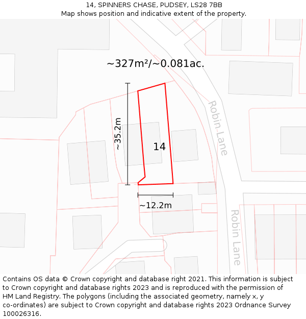14, SPINNERS CHASE, PUDSEY, LS28 7BB: Plot and title map