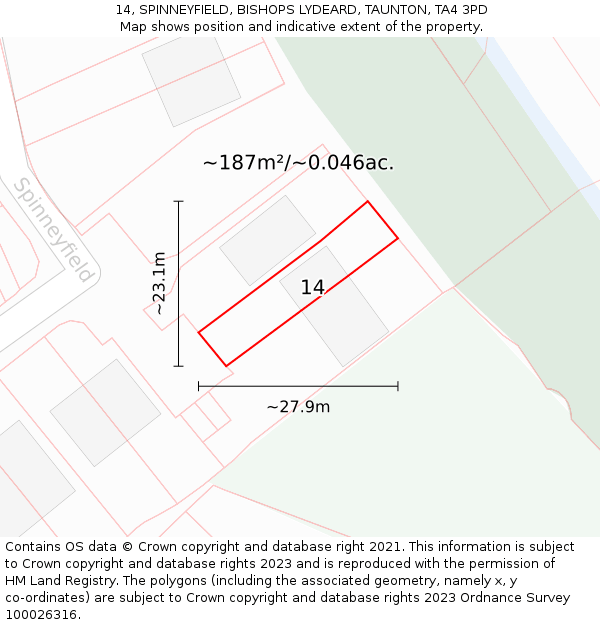 14, SPINNEYFIELD, BISHOPS LYDEARD, TAUNTON, TA4 3PD: Plot and title map