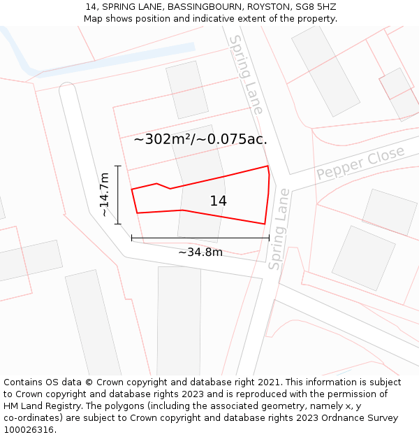 14, SPRING LANE, BASSINGBOURN, ROYSTON, SG8 5HZ: Plot and title map