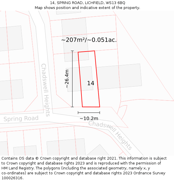 14, SPRING ROAD, LICHFIELD, WS13 6BQ: Plot and title map