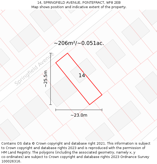 14, SPRINGFIELD AVENUE, PONTEFRACT, WF8 2EB: Plot and title map