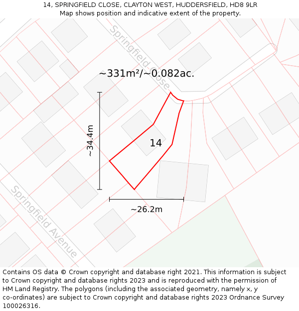 14, SPRINGFIELD CLOSE, CLAYTON WEST, HUDDERSFIELD, HD8 9LR: Plot and title map