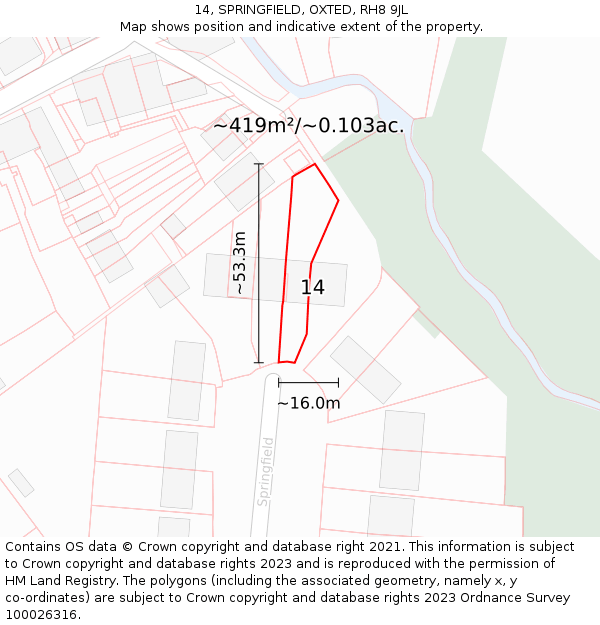 14, SPRINGFIELD, OXTED, RH8 9JL: Plot and title map