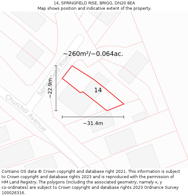 14, SPRINGFIELD RISE, BRIGG, DN20 8EA: Plot and title map
