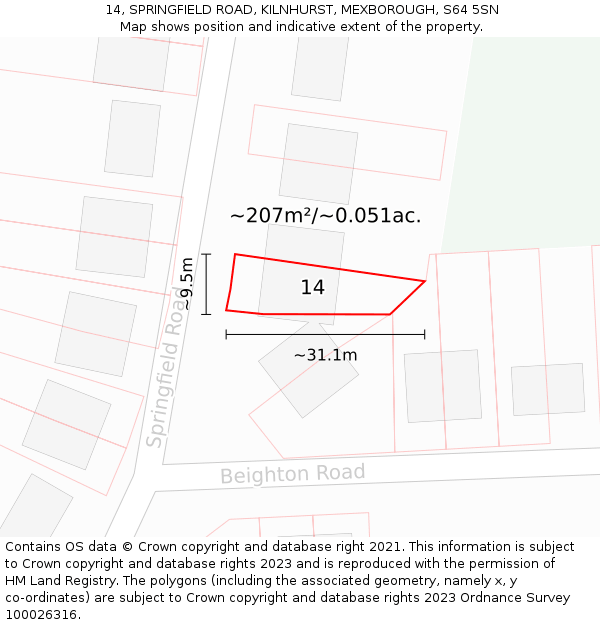 14, SPRINGFIELD ROAD, KILNHURST, MEXBOROUGH, S64 5SN: Plot and title map