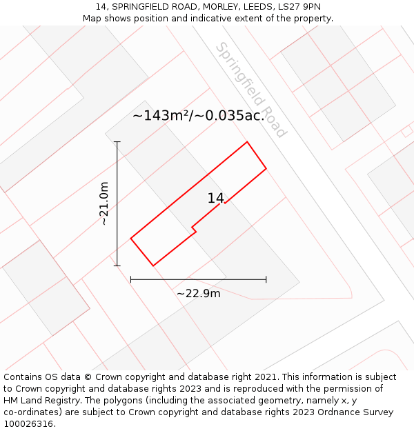 14, SPRINGFIELD ROAD, MORLEY, LEEDS, LS27 9PN: Plot and title map