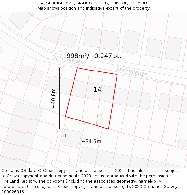 14, SPRINGLEAZE, MANGOTSFIELD, BRISTOL, BS16 9DT: Plot and title map
