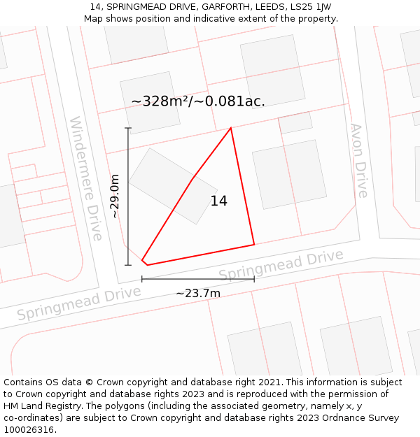 14, SPRINGMEAD DRIVE, GARFORTH, LEEDS, LS25 1JW: Plot and title map