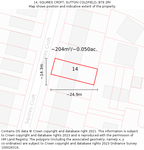 14, SQUIRES CROFT, SUTTON COLDFIELD, B76 2RY: Plot and title map