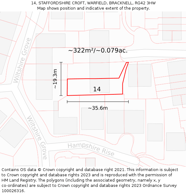 14, STAFFORDSHIRE CROFT, WARFIELD, BRACKNELL, RG42 3HW: Plot and title map