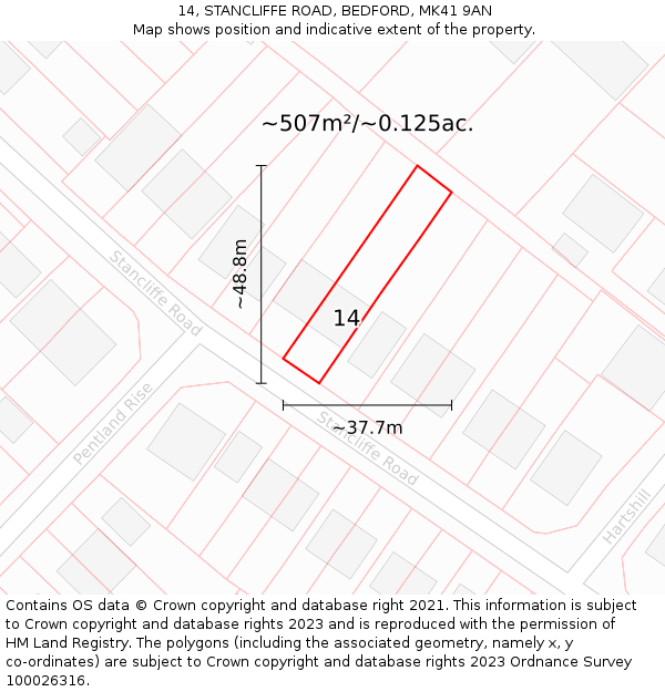 14, STANCLIFFE ROAD, BEDFORD, MK41 9AN: Plot and title map