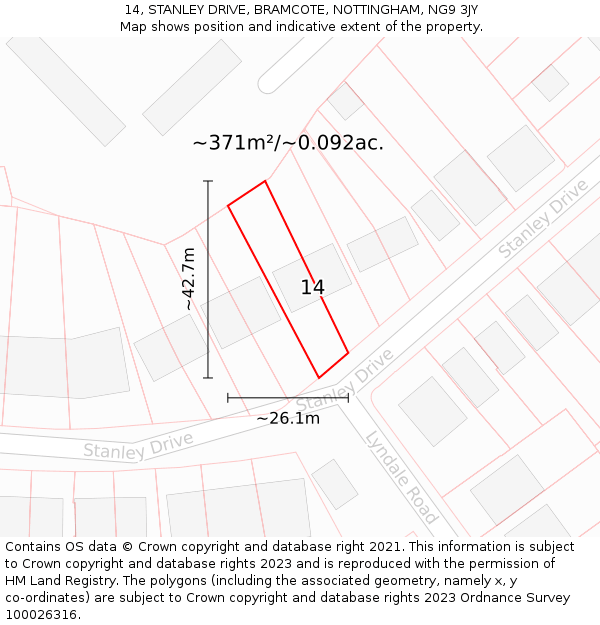 14, STANLEY DRIVE, BRAMCOTE, NOTTINGHAM, NG9 3JY: Plot and title map
