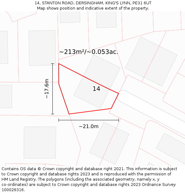 14, STANTON ROAD, DERSINGHAM, KING'S LYNN, PE31 6UT: Plot and title map