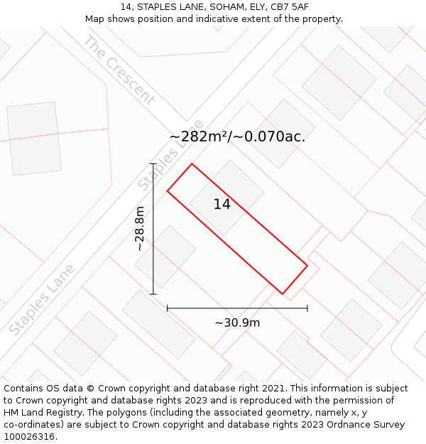 14, STAPLES LANE, SOHAM, ELY, CB7 5AF: Plot and title map