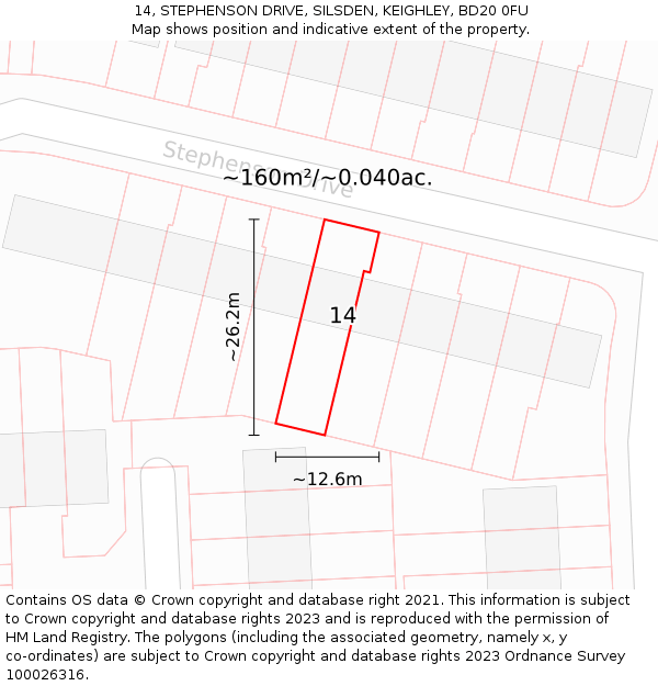 14, STEPHENSON DRIVE, SILSDEN, KEIGHLEY, BD20 0FU: Plot and title map