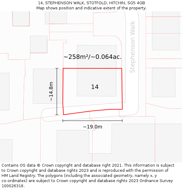 14, STEPHENSON WALK, STOTFOLD, HITCHIN, SG5 4GB: Plot and title map