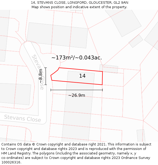 14, STEVANS CLOSE, LONGFORD, GLOUCESTER, GL2 9AN: Plot and title map