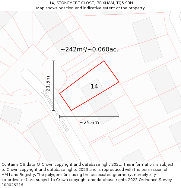 14, STONEACRE CLOSE, BRIXHAM, TQ5 9RN: Plot and title map
