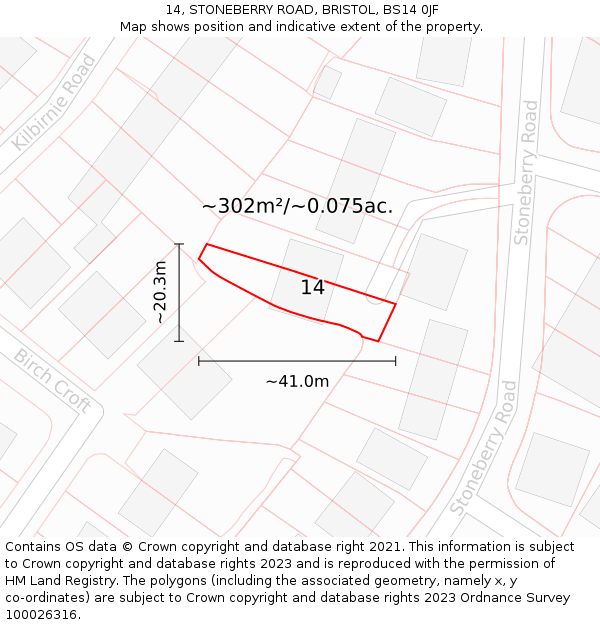 14, STONEBERRY ROAD, BRISTOL, BS14 0JF: Plot and title map