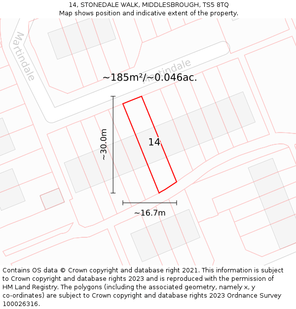 14, STONEDALE WALK, MIDDLESBROUGH, TS5 8TQ: Plot and title map