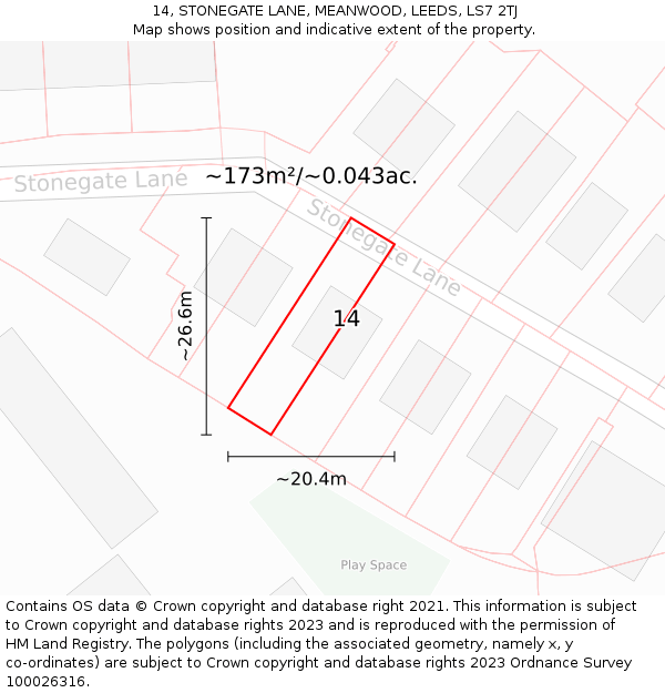 14, STONEGATE LANE, MEANWOOD, LEEDS, LS7 2TJ: Plot and title map