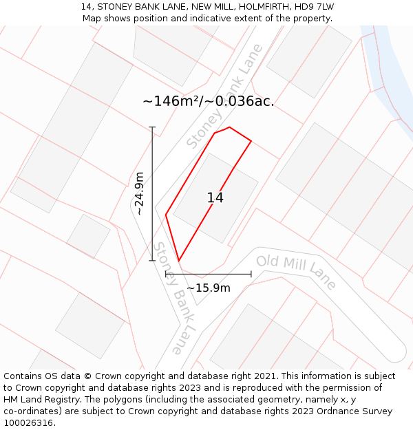 14, STONEY BANK LANE, NEW MILL, HOLMFIRTH, HD9 7LW: Plot and title map