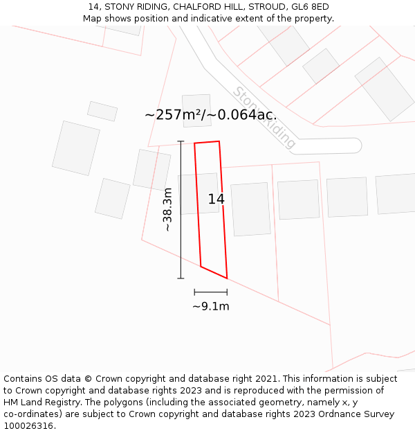 14, STONY RIDING, CHALFORD HILL, STROUD, GL6 8ED: Plot and title map