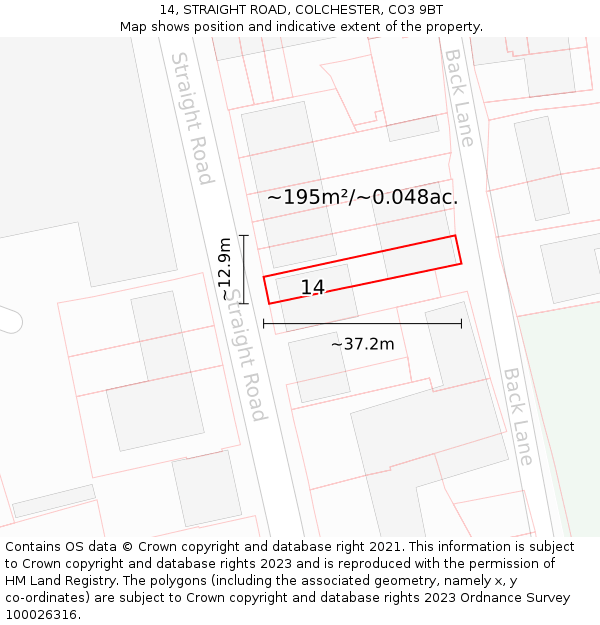 14, STRAIGHT ROAD, COLCHESTER, CO3 9BT: Plot and title map