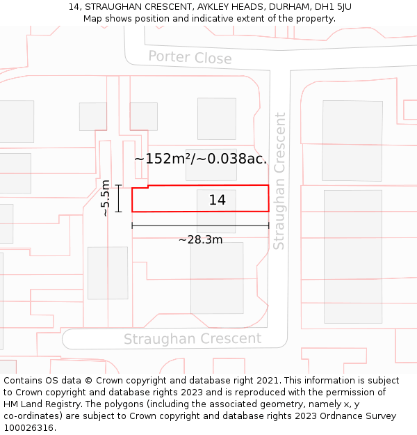 14, STRAUGHAN CRESCENT, AYKLEY HEADS, DURHAM, DH1 5JU: Plot and title map