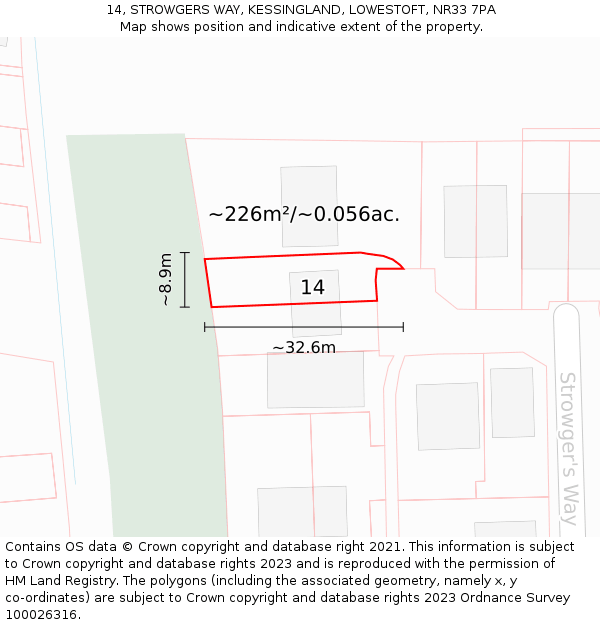 14, STROWGERS WAY, KESSINGLAND, LOWESTOFT, NR33 7PA: Plot and title map