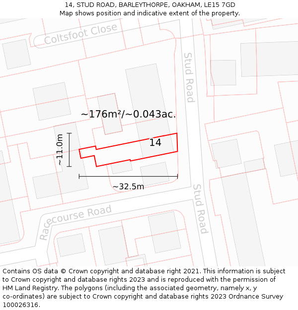 14, STUD ROAD, BARLEYTHORPE, OAKHAM, LE15 7GD: Plot and title map