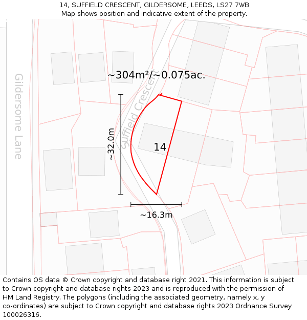 14, SUFFIELD CRESCENT, GILDERSOME, LEEDS, LS27 7WB: Plot and title map