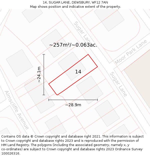 14, SUGAR LANE, DEWSBURY, WF12 7AN: Plot and title map