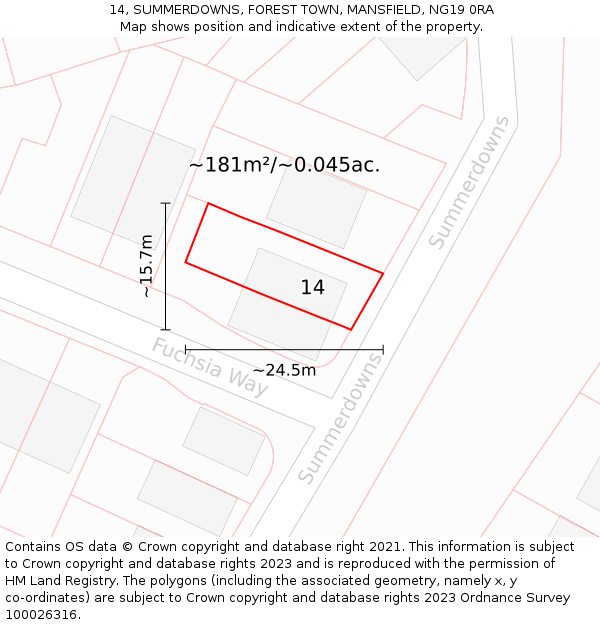 14, SUMMERDOWNS, FOREST TOWN, MANSFIELD, NG19 0RA: Plot and title map