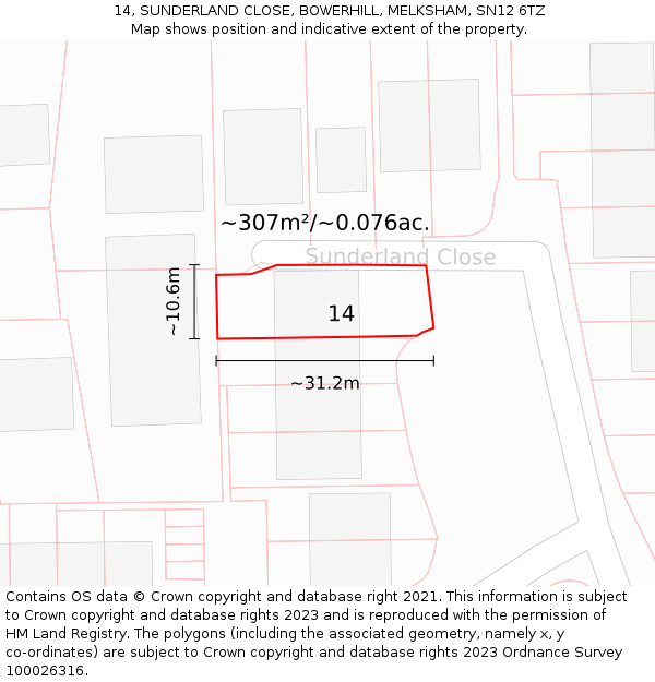 14, SUNDERLAND CLOSE, BOWERHILL, MELKSHAM, SN12 6TZ: Plot and title map