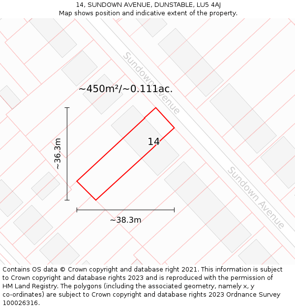 14, SUNDOWN AVENUE, DUNSTABLE, LU5 4AJ: Plot and title map