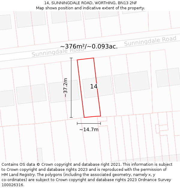 14, SUNNINGDALE ROAD, WORTHING, BN13 2NF: Plot and title map