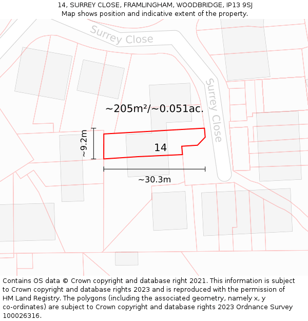 14, SURREY CLOSE, FRAMLINGHAM, WOODBRIDGE, IP13 9SJ: Plot and title map