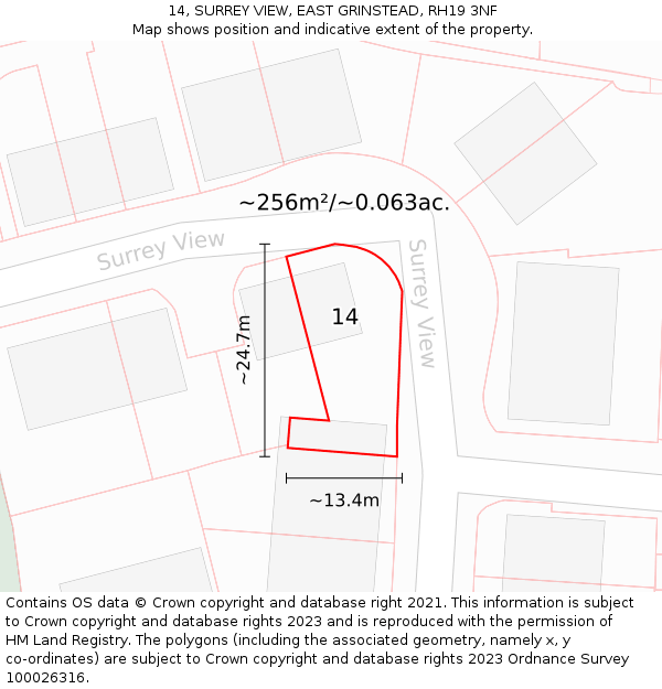 14, SURREY VIEW, EAST GRINSTEAD, RH19 3NF: Plot and title map