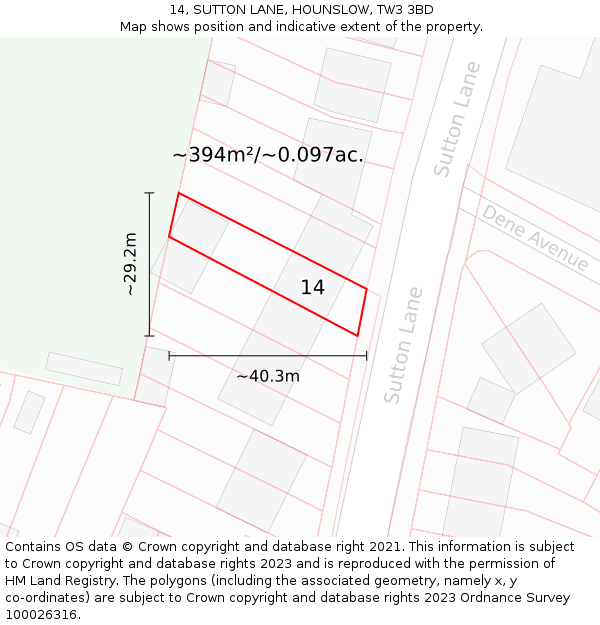 14, SUTTON LANE, HOUNSLOW, TW3 3BD: Plot and title map