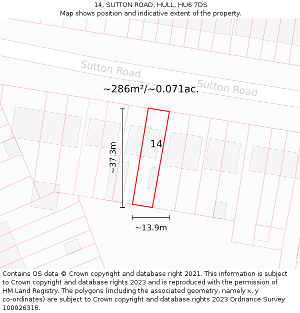 14, SUTTON ROAD, HULL, HU6 7DS: Plot and title map