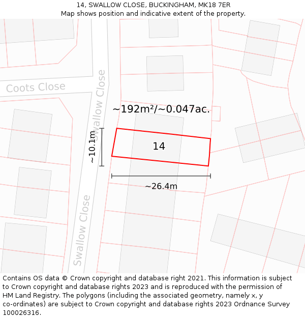 14, SWALLOW CLOSE, BUCKINGHAM, MK18 7ER: Plot and title map