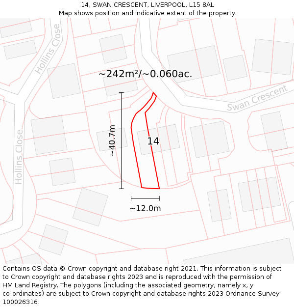 14, SWAN CRESCENT, LIVERPOOL, L15 8AL: Plot and title map