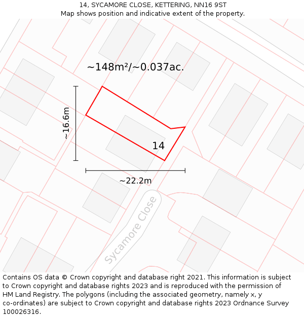 14, SYCAMORE CLOSE, KETTERING, NN16 9ST: Plot and title map